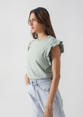 Ruffled Sleeve Cotton T-Shirt