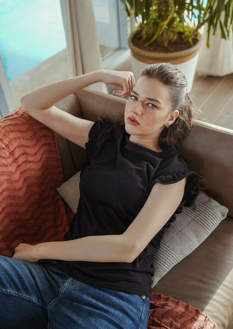 Ruffled Sleeve Cotton T-Shirt