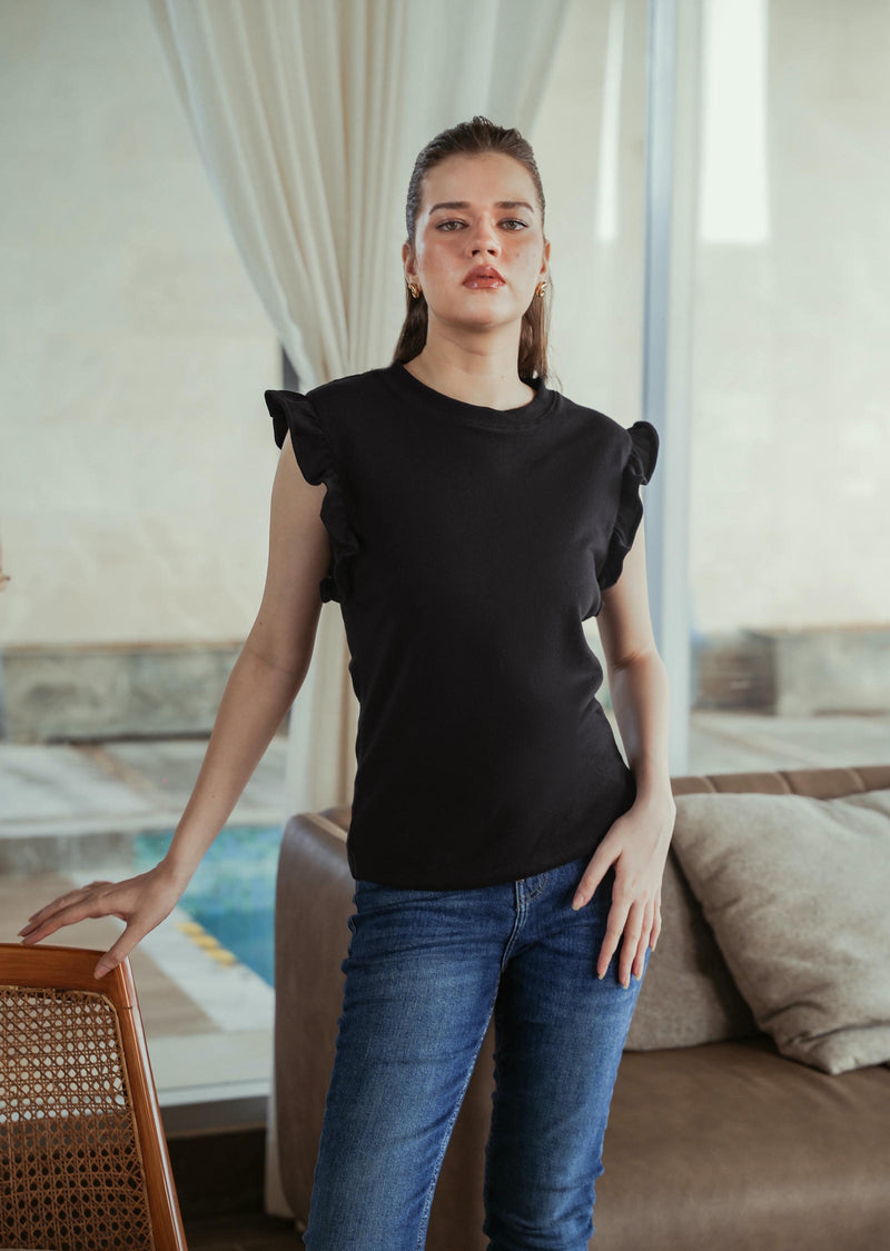 Ruffled Sleeve Cotton T-Shirt