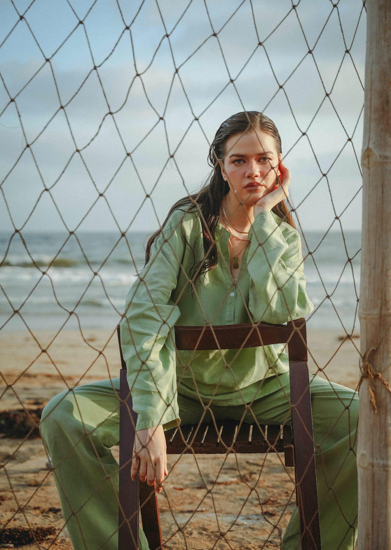 Linen Blend Mandarin Collar Shirt
