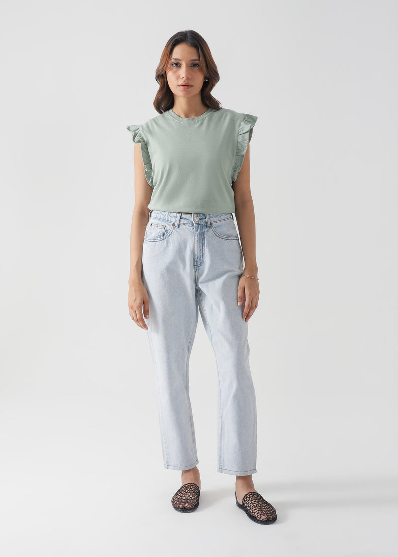 Ruffled Sleeve Cotton T-Shirt