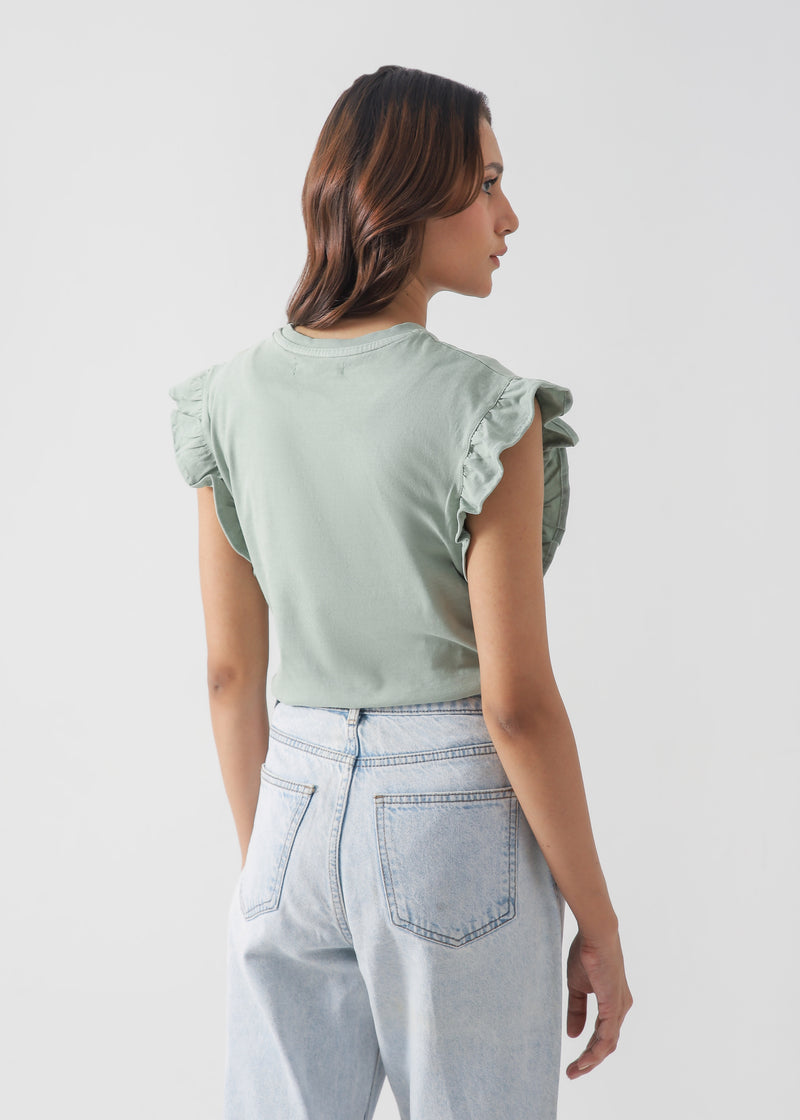 Ruffled Sleeve Cotton T-Shirt