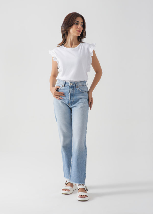 Ruffled Sleeve Cotton T-Shirt