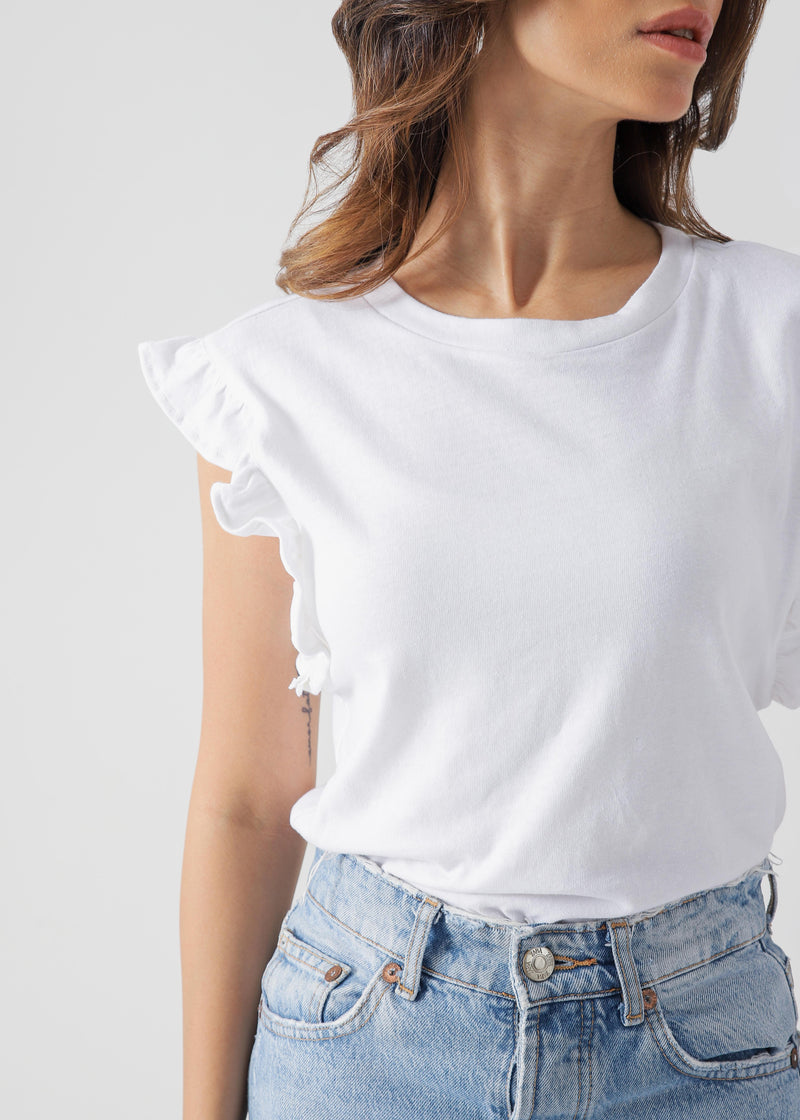 Ruffled Sleeve Cotton T-Shirt