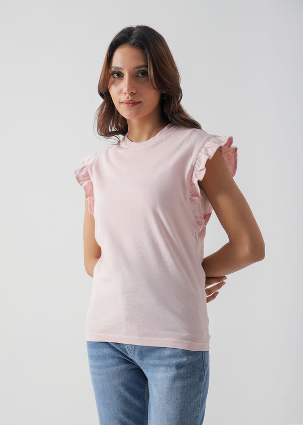 Ruffled Sleeve Cotton T-Shirt