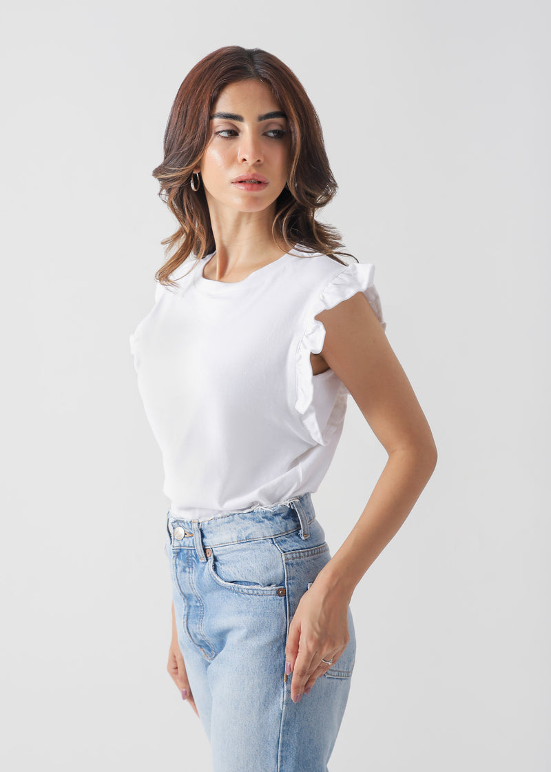 Ruffled Sleeve Cotton T-Shirt