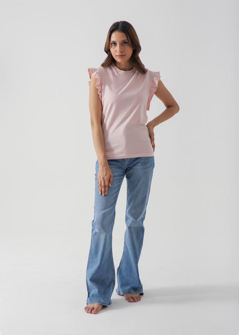 Ruffled Sleeve Cotton T-Shirt