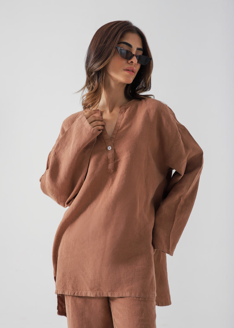 Linen Blend Mandarin Collar Shirt