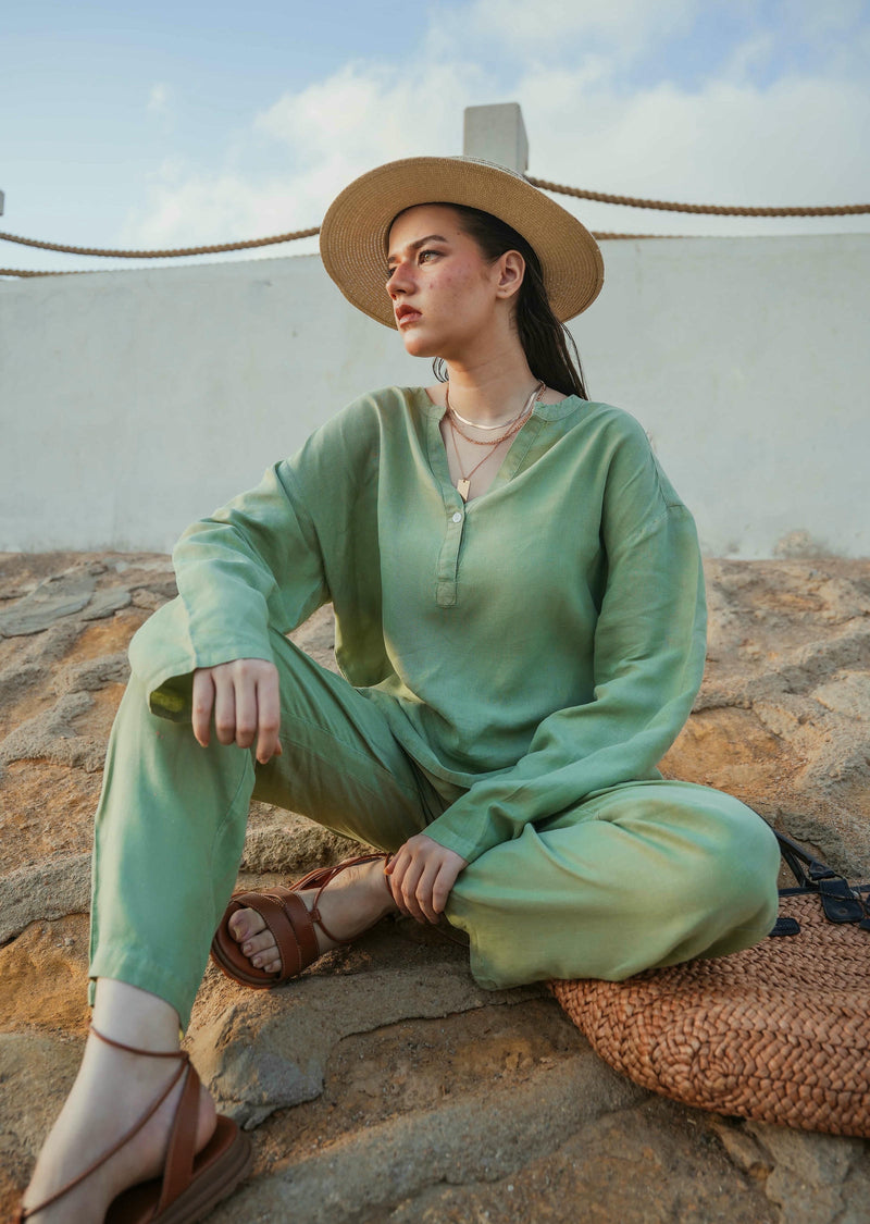 Linen Blend Mandarin Collar Shirt